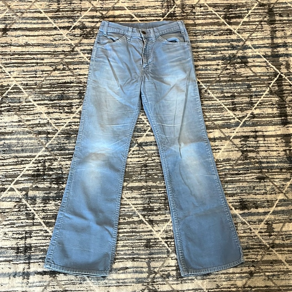 Vintage 70s Levi’s White Tab 646 Sky Blue Corduroy Bell Bottom Flares Size 30x31